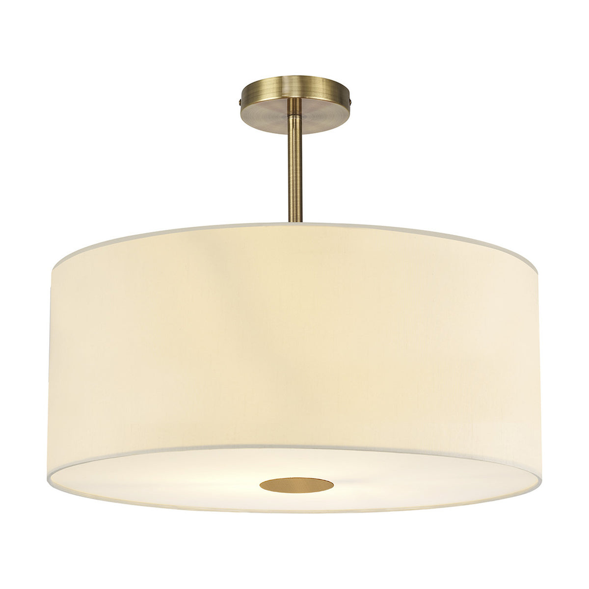 Baymont 5 Light Semi Flush ceiling light with a wide ivory faux silk drum shade, frosted diffuser, and antique brass fittings, shown on a plain white background.