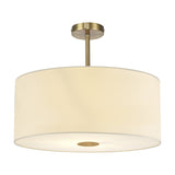 Baymont 5 Light Semi Flush ceiling light with a wide ivory faux silk drum shade, frosted diffuser, and antique brass fittings, shown on a plain white background.