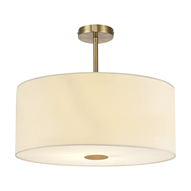 Baymont 5 Light Semi Flush ceiling light with a wide ivory faux silk drum shade, frosted diffuser, and antique brass fittings, shown on a plain white background.