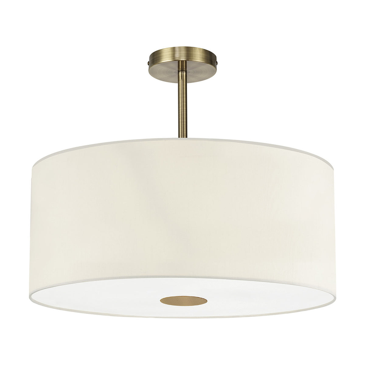 Baymont 5 Light Semi Flush ceiling light with a wide ivory faux silk drum shade, antique brass fittings, and a frosted diffuser base, shown on a plain white background.