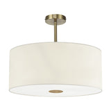 Baymont 5 Light Semi Flush ceiling light with a wide ivory faux silk drum shade, antique brass fittings, and a frosted diffuser base, shown on a plain white background.