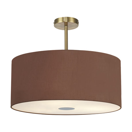 Baymont 5 Light Semi Flush ceiling light with a 60cm brown faux silk drum shade, frosted acrylic diffuser, and antique brass fixture, shown on a plain white background.