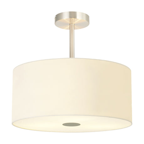 Baymont 5 Light E27 semi-flush ceiling light with an ivory fabric drum shade, frosted acrylic diffuser, and satin nickel frame and stem, shown on a white background.