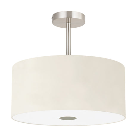 Baymont semi-flush ceiling light with an ivory fabric drum shade on a satin nickel frame, frosted acrylic diffuser and central rod mount, shown against a white background.