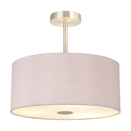 Baymont semi-flush ceiling light with a wide taupe fabric drum shade, satin nickel stem and ceiling plate, frosted diffuser base, shown on a white background.