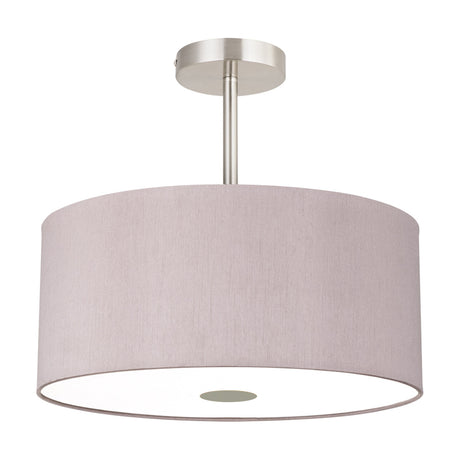Baymont 5 Light E27 semi-flush ceiling light with a wide taupe drum shade, frosted acrylic diffuser, and satin nickel fittings, shown against a plain white background.
