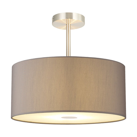 Baymont 5 Light Semi Flush Ceiling Light, 40cm grey faux silk drum shade with satin nickel ceiling plate and frosted diffuser, shown on a white background.