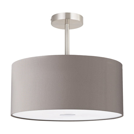 Baymont 5 Light Semi Flush Ceiling Light, 40cm grey fabric drum shade with satin nickel ceiling plate and frosted diffuser, shown on a plain white background.