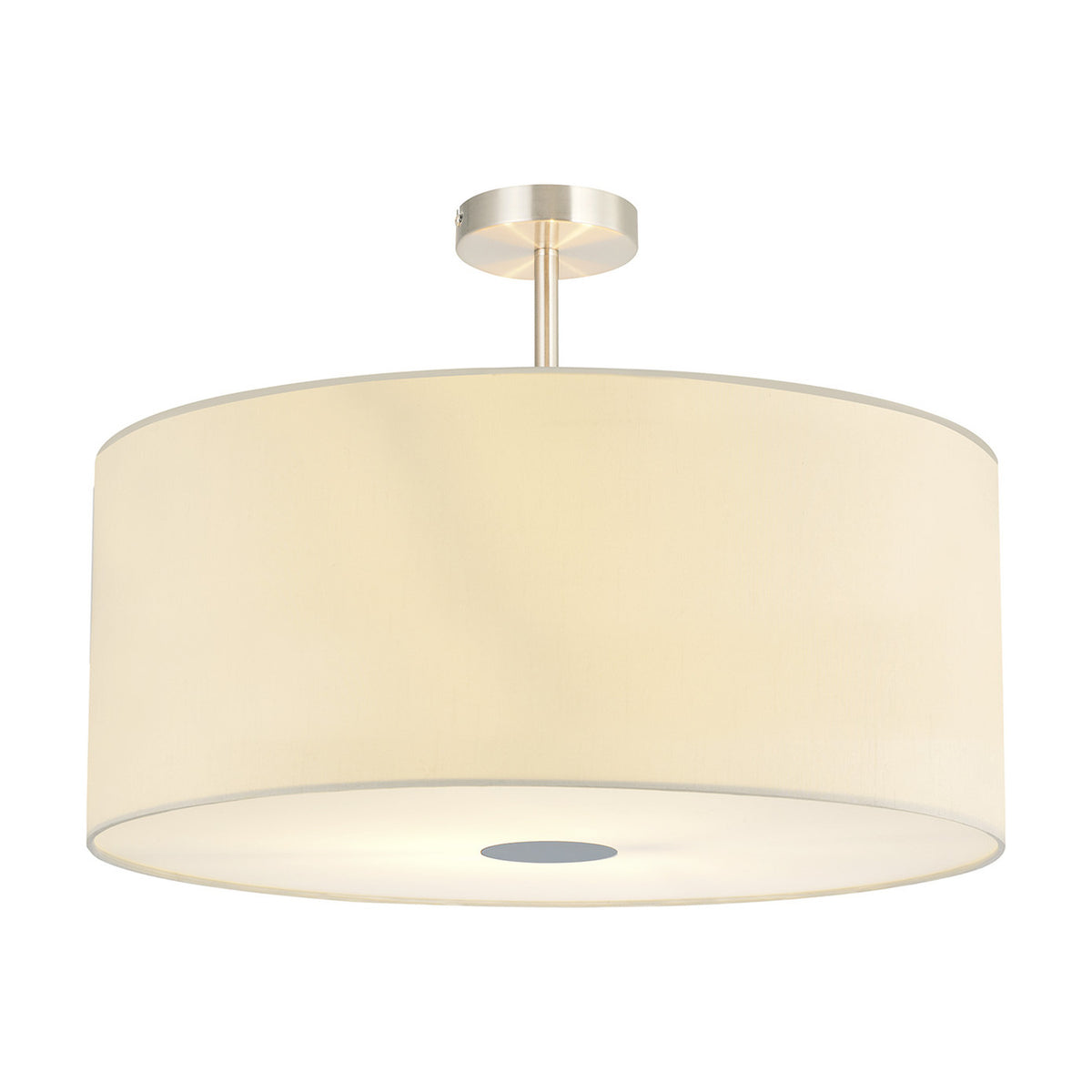 Baymont semi-flush ceiling light with a wide ivory faux silk drum shade, satin nickel mounting and frosted acrylic diffuser beneath, shown on a plain white background.