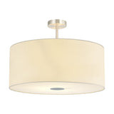 Baymont semi-flush ceiling light with a wide ivory faux silk drum shade, satin nickel mounting and frosted acrylic diffuser beneath, shown on a plain white background.