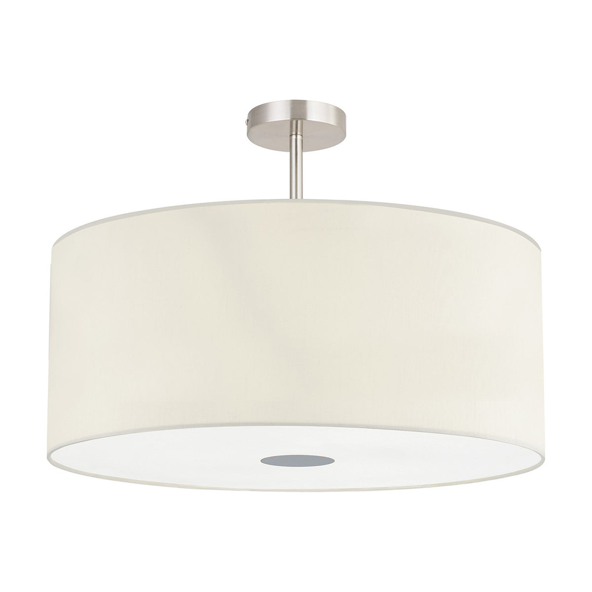 Baymont semi-flush ceiling light with a wide ivory faux silk drum shade, satin nickel frame and stem, and frosted acrylic diffuser, shown on a plain white background.
