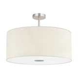 Baymont semi-flush ceiling light with a wide ivory faux silk drum shade, satin nickel frame and stem, and frosted acrylic diffuser, shown on a plain white background.
