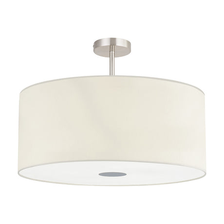 Baymont semi-flush ceiling light with a wide ivory faux silk drum shade, satin nickel frame and stem, and frosted acrylic diffuser, shown on a plain white background.