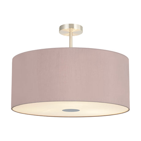 Baymont 5 Light E27 Semi Flush Ceiling Light 60cm in Satin Nickel, featuring a wide taupe drum shade with frosted diffuser on a short satin nickel stem, shown against a plain white background.