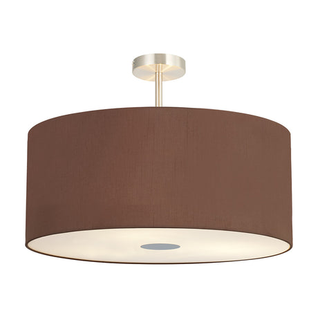 Baymont 5 Light Semi Flush Ceiling Light with a wide drum shade in raw cocoa fabric, satin nickel frame and stem, frosted diffuser underside, on a plain white background.