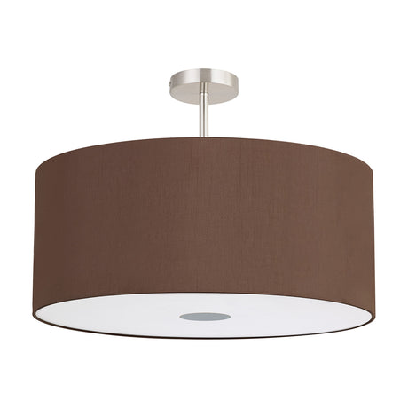 Baymont 5 Light Semi Flush Ceiling Light with a wide raw cocoa fabric drum shade, frosted acrylic diffuser, and satin nickel frame, shown on a plain white background.