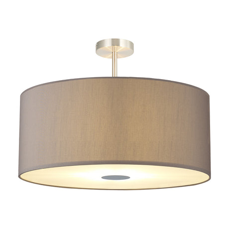 Baymont semi-flush ceiling light with a wide grey faux silk drum shade, white laminate lining, frosted acrylic diffuser, and satin nickel ceiling mount, shown on a plain white background.