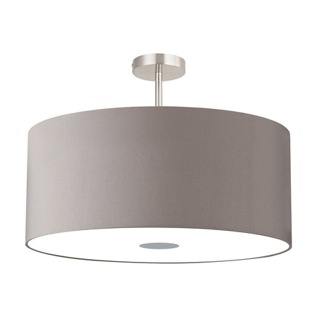 Baymont 5 Light Semi Flush Ceiling Light 60cm, grey faux silk drum shade with white diffuser and satin nickel fitting, shown on a plain white background.