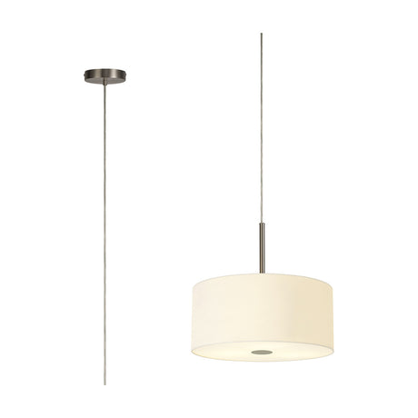Baymont 5 Light E27 Pendant Light, 40cm ivory pearl drum shade with frosted diffuser base and satin nickel suspension rod and ceiling cap, shown on a white background.