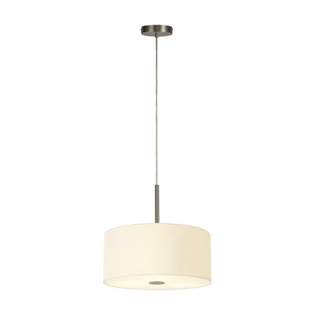 Baymont 5 Light E27 Pendant Light, 40cm ivory pearl drum shade with satin nickel suspension, cap and diffuser rim, shown on a plain white background.