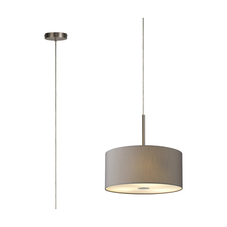 Baymont 5 Light E27 Pendant Light 40cm in Grey fabric with satin nickel fittings and frosted diffuser, shown with rod suspension on a plain white background.