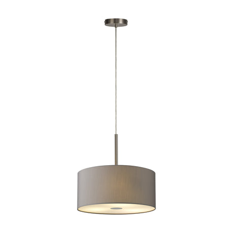 Baymont 5 Light E27 Pendant Light, 40cm grey fabric drum shade with frosted diffuser on a satin nickel ceiling rod and rose, shown on a white background.