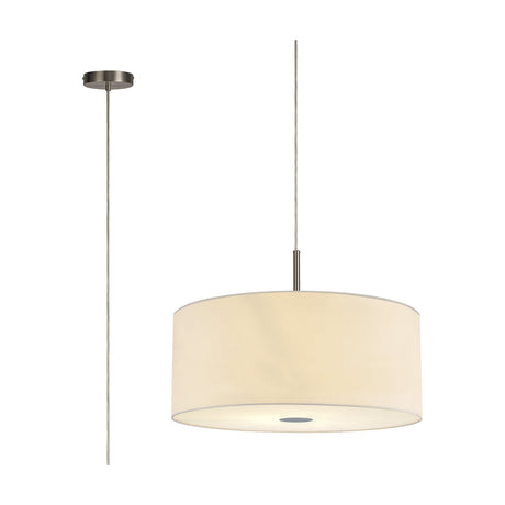 Baymont 5 Light E27 pendant light with a 60cm wide drum shade in ivory pearl fabric, satin nickel frame and rod suspension, shown with ceiling mount on a plain white background.