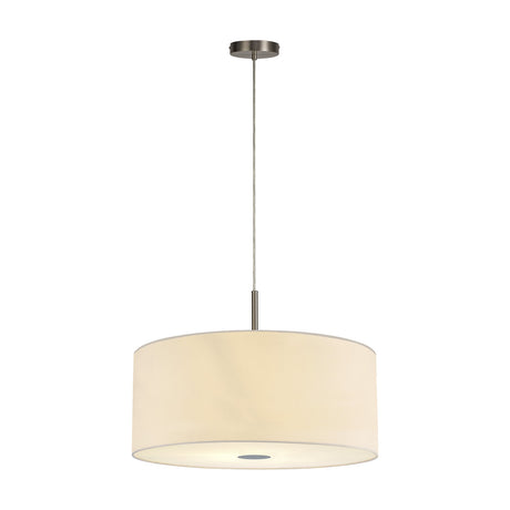 Baymont 5 Light E27 Pendant Light, a wide 60cm ivory pearl fabric drum shade with frosted acrylic diffuser on a satin nickel frame and cord, shown on a plain white background.