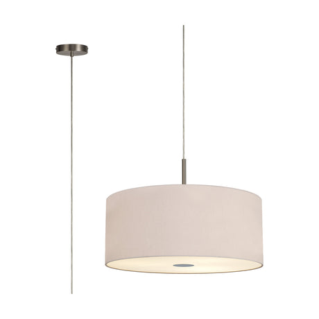 Baymont 5 Light E27 Pendant Light, 60cm nude beige fabric drum shade with satin nickel suspension and frosted acrylic diffuser, shown with cable drop on a plain white background.