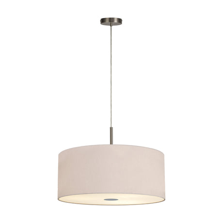 Baymont 5 Light E27 Pendant Light, 60cm wide nude beige fabric drum shade with frosted acrylic diffuser, on slim satin nickel suspension, shown on a plain white background.