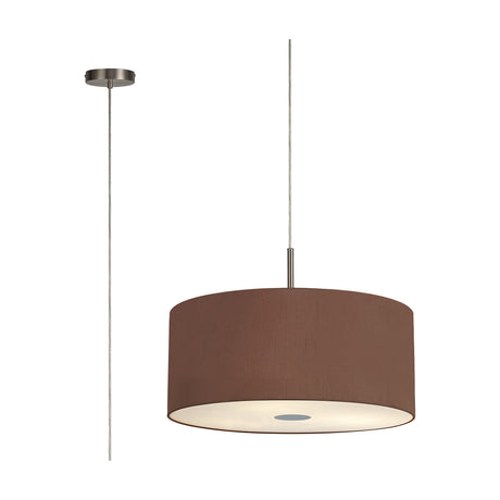 Baymont 5 Light E27 Pendant Light, 60cm wide drum shade in raw cocoa fabric with satin nickel frame and rod suspension, shown alongside its ceiling mount on a plain white background.