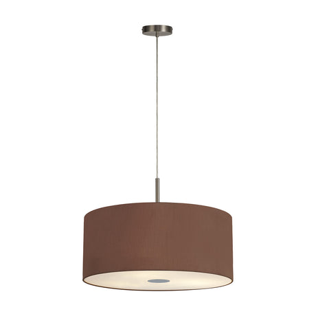 Baymont 5 Light E27 pendant light with a 60cm wide raw cocoa fabric drum shade, satin nickel frame and cable, frosted acrylic diffuser, on a plain white background.