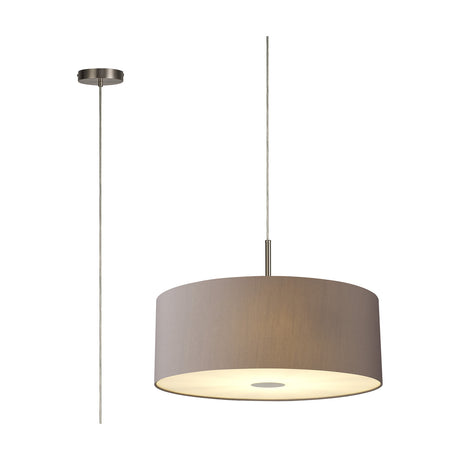Baymont 5 Light E27 Pendant Light, 60cm wide grey faux silk drum shade with satin nickel ceiling plate and frosted acrylic diffuser, shown on a plain white background.