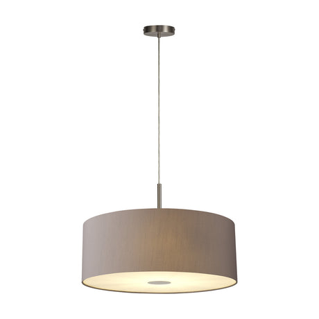 Baymont 5 Light E27 Pendant Light, a wide grey fabric drum shade with satin nickel ceiling plate and cord, frosted diffuser visible underneath, on a plain white background.