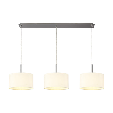 Baymont 3 Light E27 pendant light with a slim satin nickel bar suspending three ivory pearl fabric drum shades, shown on a plain white background.