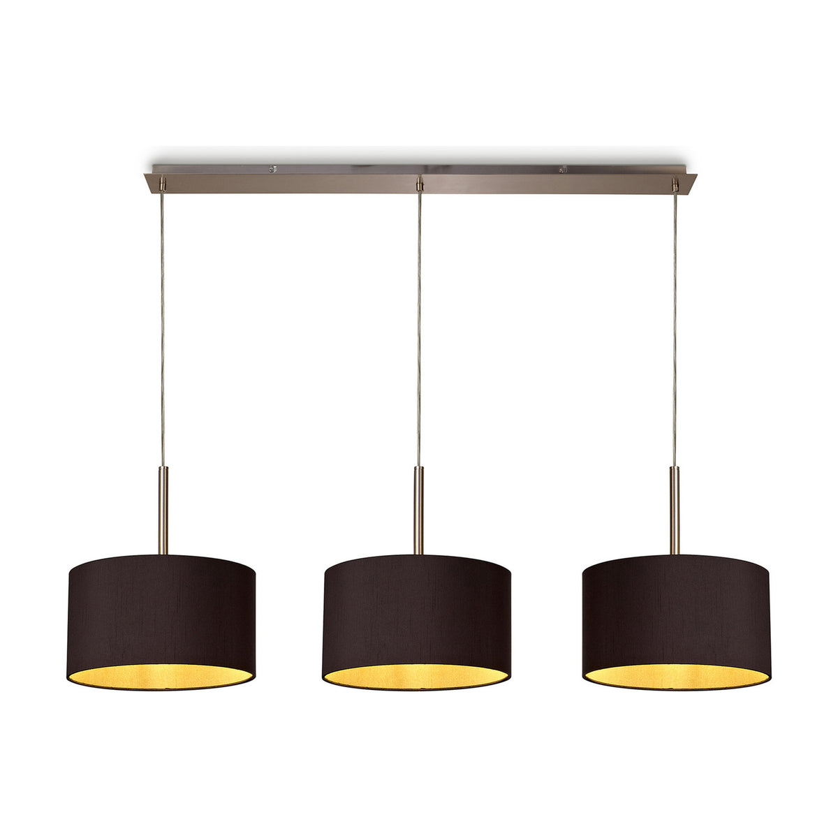 Baymont 3 Light E27 Pendant Light with satin nickel bar and cords, suspending three midnight black drum shades with golden interiors, shown on a plain white background.