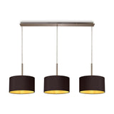 Baymont 3 Light E27 Pendant Light with satin nickel bar and cords, suspending three midnight black drum shades with golden interiors, shown on a plain white background.