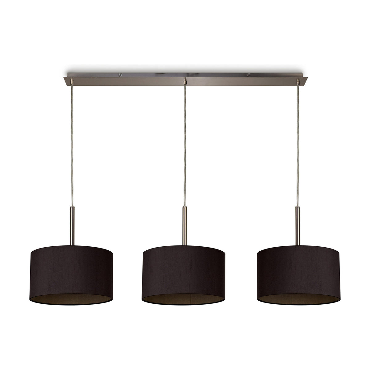 Baymont 3 Light E27 pendant light with three midnight black drum shades in fabric, suspended in a row from a satin nickel bar, shown on a plain white background.