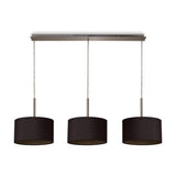 Baymont 3 Light E27 pendant light with three midnight black drum shades in fabric, suspended in a row from a satin nickel bar, shown on a plain white background.