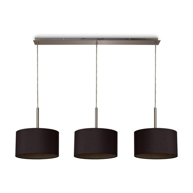 Baymont 3 Light E27 pendant light with three midnight black drum shades in fabric, suspended in a row from a satin nickel bar, shown on a plain white background.