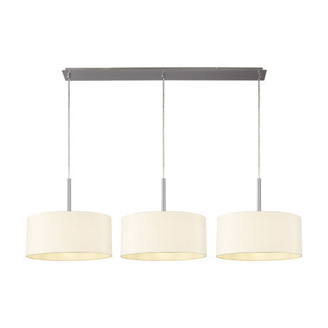 Baymont 3 Light E27 Pendant Light, satin nickel bar with three ivory faux silk drum shades on adjustable cables, 1.29m drop, plain white background.