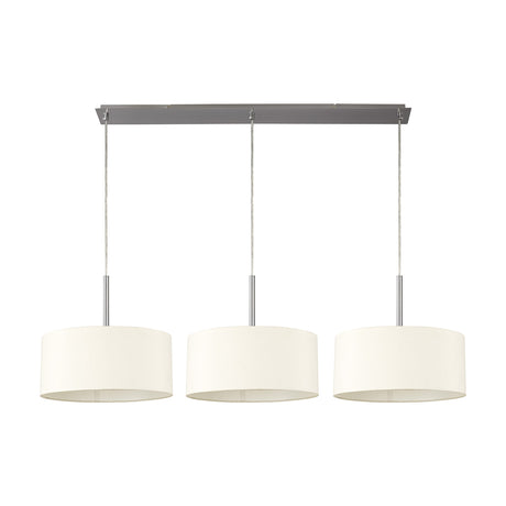 Baymont 3 Light E27 Pendant Light with satin nickel bar and cables, three ivory drum shades in fabric, 1.29m drop, on a plain white background.