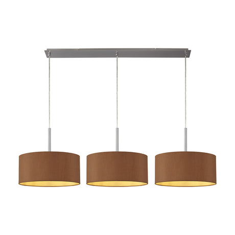 Baymont 3 Light Pendant, satin nickel bar and rods holding three raw cocoa fabric drum shades with golden bronze interiors, shown on a plain white background.