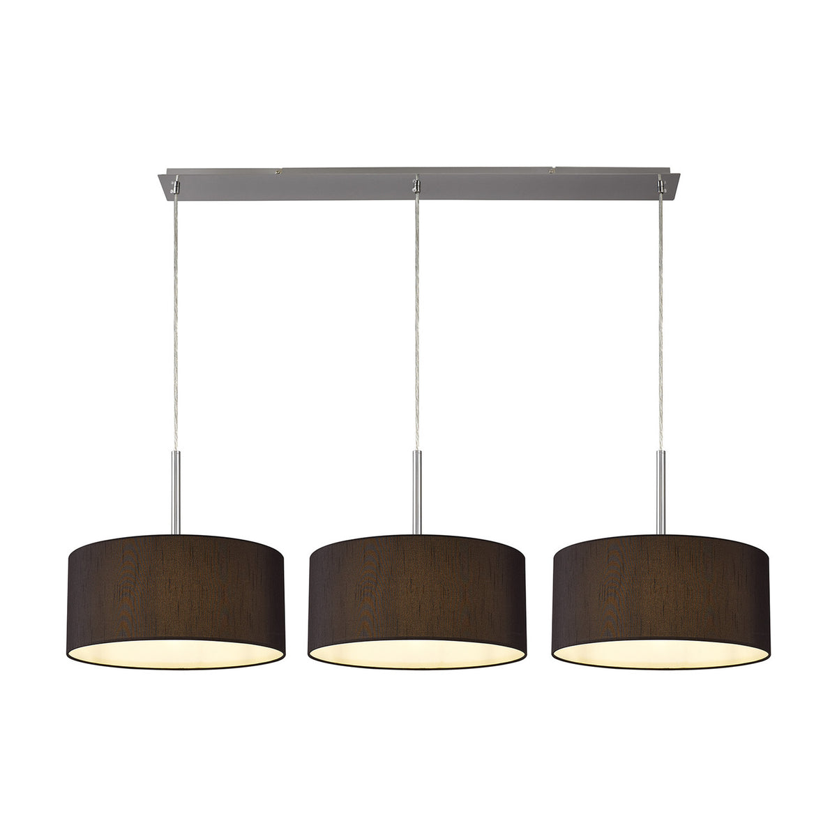 Baymont 3 Light E27 pendant light with a satin nickel bar and rods, three black drum shades in faux silk with white interior lining, shown on a plain white background.