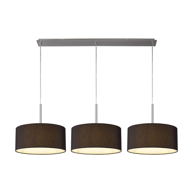 Baymont 3 Light E27 pendant light with a satin nickel bar and rods, three black drum shades in faux silk with white interior lining, shown on a plain white background.