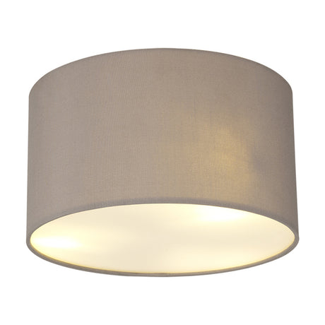 Baymont 3 Light E27 flush ceiling light, 30cm grey faux silk drum shade with white interior lining, shown illuminated on a plain white background.