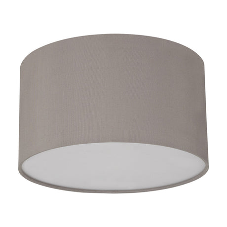 Baymont 3 Light E27 Flush Ceiling Light 30cm in grey, a drum-shaped fabric shade with white diffuser base, shown on a plain white background.
