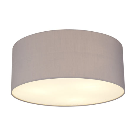 Baymont 3 Light E27 Flush Ceiling Light 50cm in grey, a wide shallow drum shade with white laminate interior and frosted acrylic diffuser, shown on a plain white background.