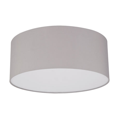 Baymont 3 Light E27 Flush Ceiling Light 50cm in grey faux silk with white laminate lining and frosted acrylic diffuser, shown on a plain white background.