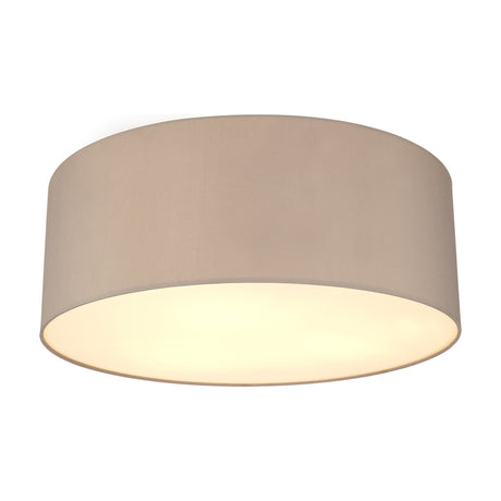 Baymont 3 Light Flush Ceiling Light, a 60cm grey fabric drum shade with frosted acrylic diffuser for three E27 lamps, shown on a plain white background.